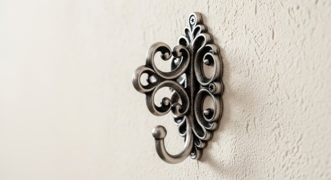 Ornate metal wall hook with decorative scrollwork, a vintage hardware element for home decor and organization