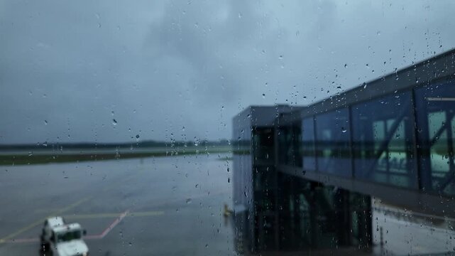 Airport jet bridge and runway on rainy day