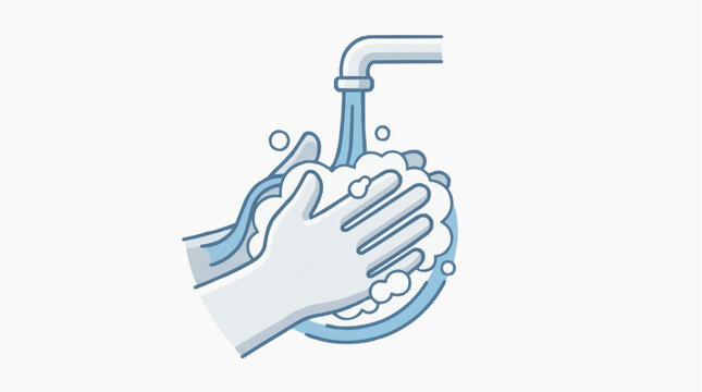 Person washing hands, stylized foam and animated running water in a simple way, smooth movements, pure white background.