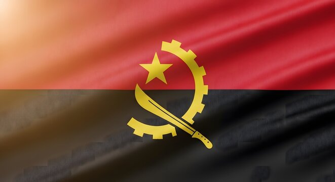 The National Flag of Angola Displayed with a Waving Fabric Texture and Bright Golden Emblem Details.