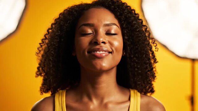 Peaceful young Black woman with curly hair smiling with eyes closed and hands behind head in a vibrant yellow studio setting