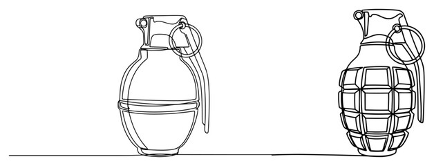 Hand grenades continuous one line drawing. Military explosive weapon vector illustration. Minimalist contour art for defense and army concept. © ----WWWLINE----