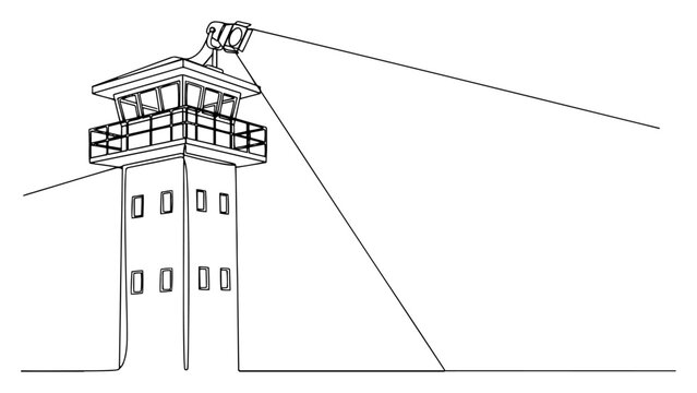 Prison watchtower with searchlight continuous line drawing. Border control and security surveillance minimalist vector illustration.