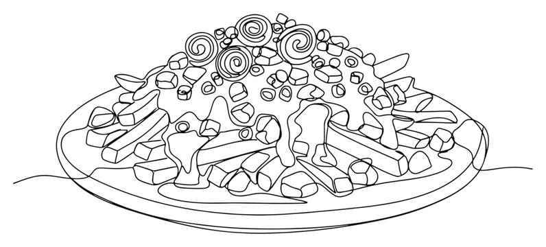 Poutine French fries with cheese curds and gravy continuous one line drawing. Canadian food dish minimalist vector illustration.