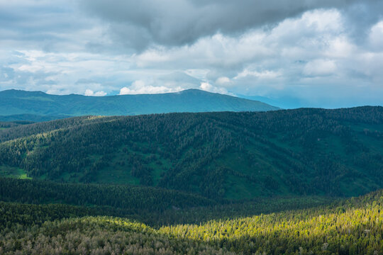 Scenic layered aerial top view from above to hilly woody vastness and dark silhouettes of mountains far away. Sunlight and shadows of clouds on forest hills under dramatic sky in changeable weather.