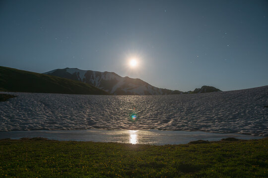 Moonlit alpine scenery with grassy flowering meadow near snowfield against large rocky snowy mountain range under starry cloudless sky. Big full moon in high mountains. Moonlight night in highland.