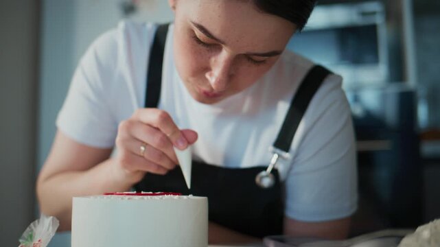 Focused female baker decorates a white cake with precision. Her expression shows deep concentration as she uses a piping bag. The scene highlights skilled cake decorating in a bright kitchen