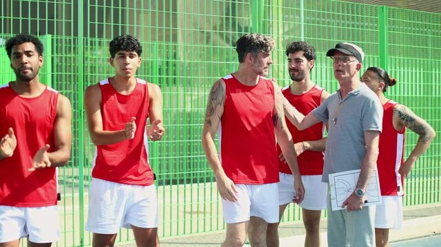 Basketball team with coach reacting to a lost point during a match