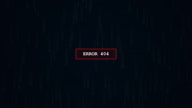 Digital Error 404 Notification with Vertical Falling Code on Dark Cyber Background