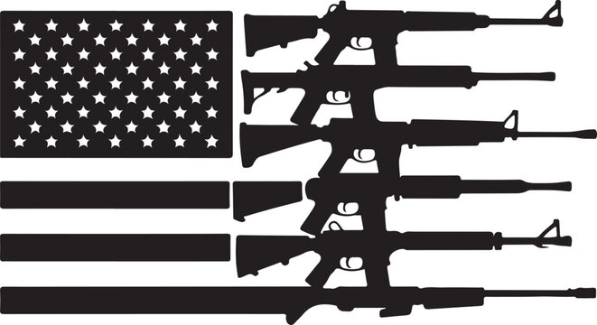 Assault rifles arranged beside american flag