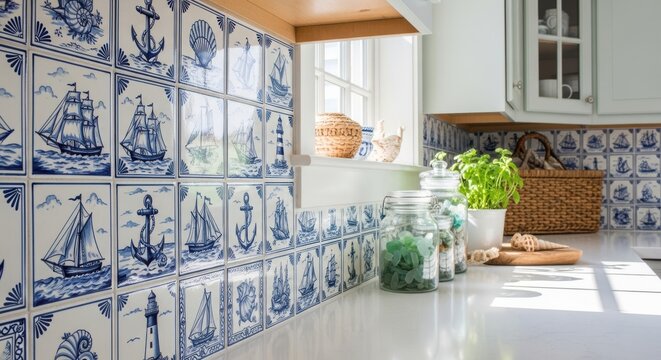 Hand-painted Delft Blue Nautical Tiles Adorning a Coastal Kitchen Backsplash with Jars on Countertop