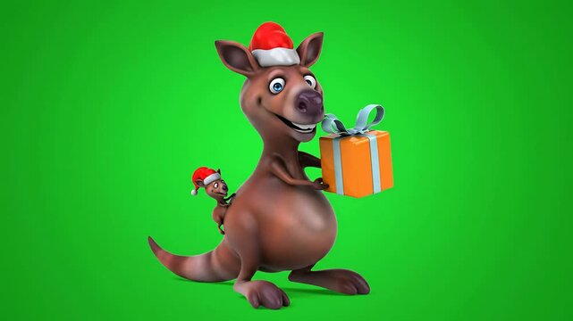 Cheerful Cartoon Kangaroo in Santa Hat Holding Christmas Gift with Baby Kangaroo on Vibrant Green Background for Fun Holiday Theme