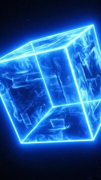 Abstract glowing blue cube on dark background visual render