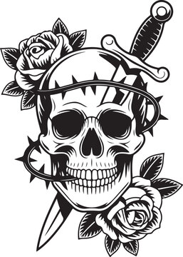 Skull with sunglasses and dagger tattoo design