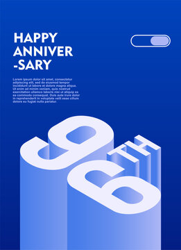 96th Modern anniversary poster template featuring a bold 3d isometric number on a vibrant blue background.