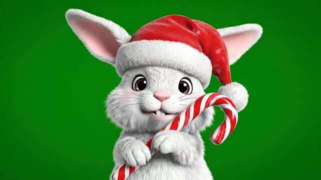 Cheerful Cartoon Rabbit in Santa Hat Winking While Holding Candy Cane on Isolated Bright Green Background for Christmas Themes