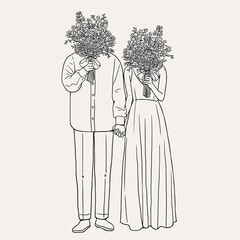 Full body wedding couple holding hands and hiding faces behind big flower bouquets, line art illustration © NamPhuong