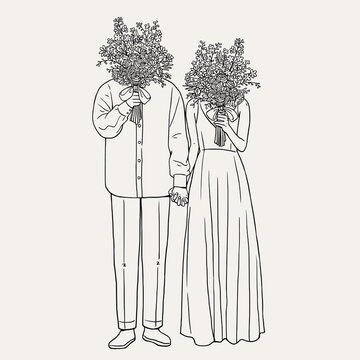 Full body wedding couple holding hands and hiding faces behind big flower bouquets, line art illustration