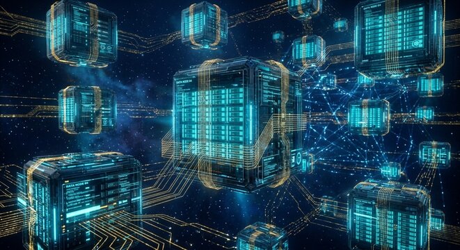Abstract-futuristic-cloud-data-storage-pods-glowing-electric-cyan-server-racks-deep-navy-blue-virtual-space-gold-circuit-line-matrix.jpg.jpg concept art for commercial microstock design, high quality 