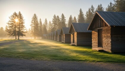 Obraz premium Sunrise over a row of cabins in a misty pine forest, capturing the peaceful morning atmosphere of a summer camp lodging concept for travel and outdoor recreation