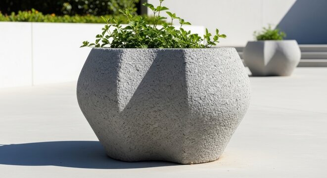 Modern Geometric Textured Concrete Planter Holding Lush Green Foliage in an Outdoor Setting