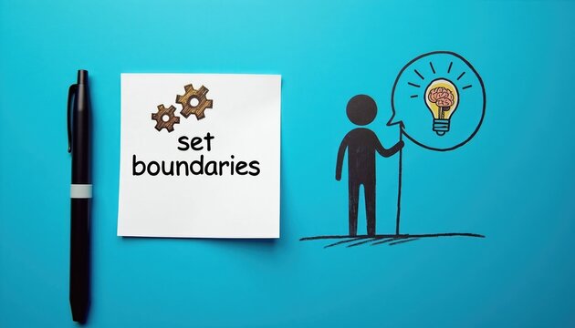 Person thinks about setting personal boundaries. Gears, light bulb with brain symbolize idea for limit setting, control. Pen suggests writing down thoughts. Visual conveys need for self preservation,