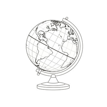Detailed outline vector illustration of a geographic world globe. Clean line art drawing depicting global travel, education, and earth map concepts