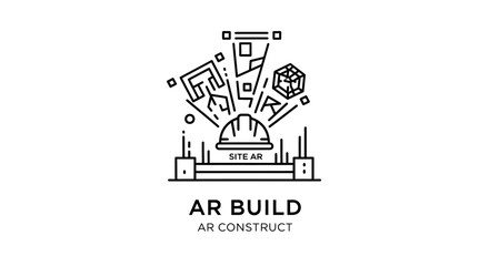 Fototapeta premium Augmented Reality Construction Site Icon with Hard Hat and Digital Blueprint Elements
