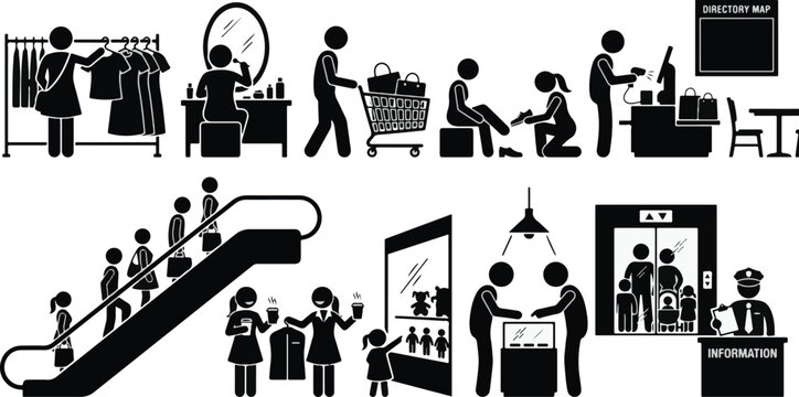 Shopping Mall Icons Set Featuring Human Pictograms and Retail Activities for Commercial Signage and Wayfinding Design Systems, Vector Illustration Style for Professional User Experience Interface Proj