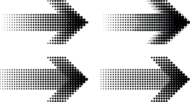 Black Halftone Arrow Icon Set with Dotted Pattern Next Direction Symbols for Creative Graphic Design, Digital Interface Navigation, and Web Technology Concepts