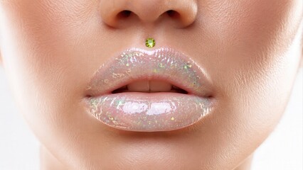 Obraz premium Glossy Glitter Lips With Green Piercing