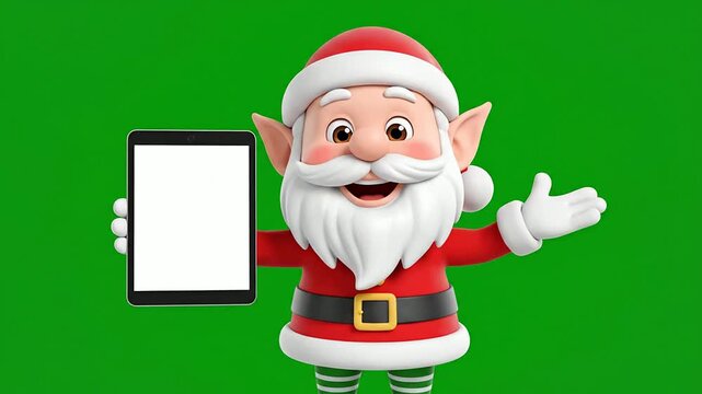 Cheerful Cartoon Santa Claus Character Holding Blank Tablet On Green Screen Background For Holiday Marketing and Festive Promotions