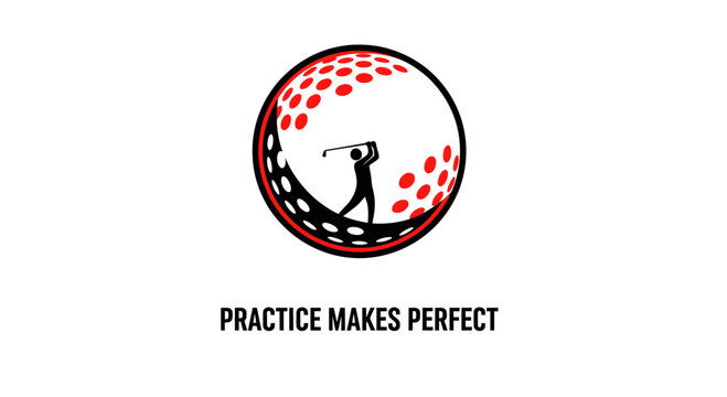 Iconic Golf Symbol with Golfer Silhouette and Motivational Phrase on White, Practice Makes Perfect