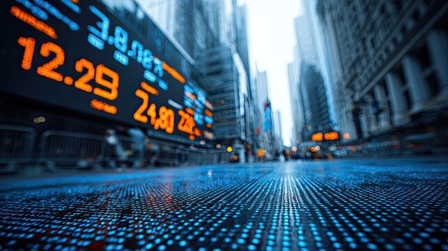 Blurry city street scene with glowing digital stock tickers and building reflections