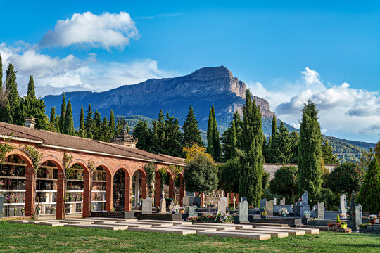 Detail on the christian graveyard with marble tombs and crosses in Jaca, Spain