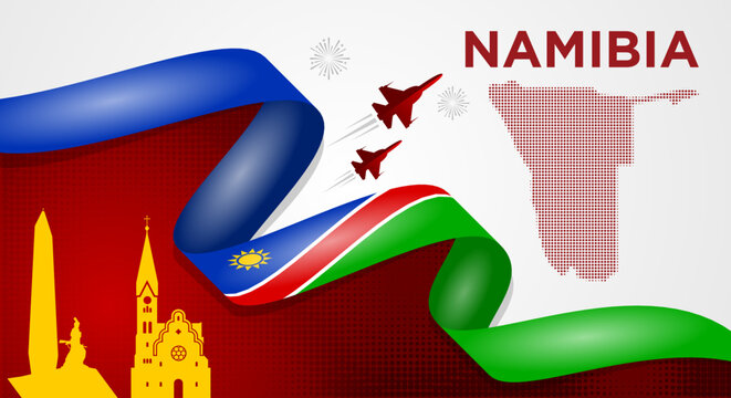 Namibia National Day Background with Waving Flag Ribbon, Namibia Map and Skyline Vector Illustration
