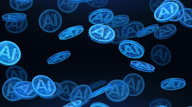 Abstract Animation Loop of AI Coins Floating Upward on a Blue Background. Concept of artificial intelligence, generative AI, digital assets, machine learning and future technology.