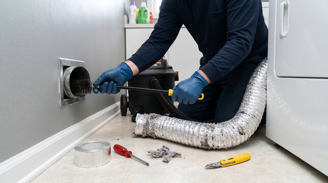 Professional technician wearing blue gloves cleaning a wall dryer vent duct with a flexible brush tool and vacuum cleaner to remove lint build up in a laundry room