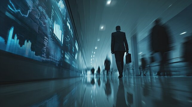 Businessman walks past glowing data screens in a modern, blurred hallway