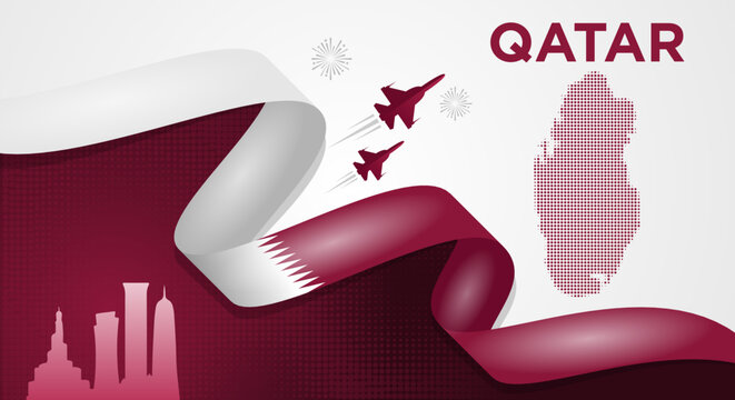 Qatar National Day Background with Waving Flag Ribbon, Qatar Map and Doha Skyline Vector Illustration