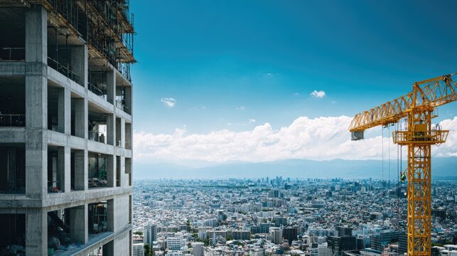 Tall concrete building under construction with yellow crane overlooking cityscape
