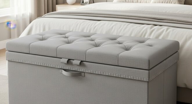 Gray Fabric Storage Ottoman With Tufted Lid And Nailhead Trim Situated Near A Bed