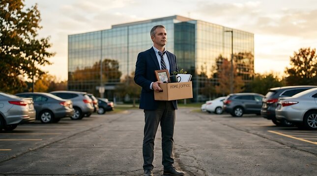 Businessman stands in a parking lot holding a cardboard box of personal belongings after being fired from his corporate job at a large office building during the sunset hours of the work day.