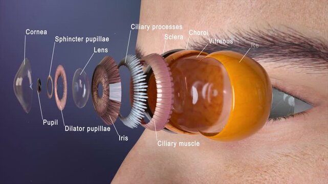 Medically accurate 3D animation of eye anatomy &ndash; inner structures: cornea, lens, retina, optic nerve. Clear visualization of ocular components for ophthalmology education.