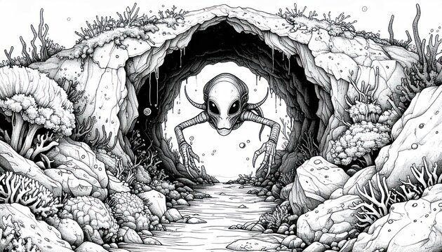 Alien creature emerging from a rocky underwater cave.