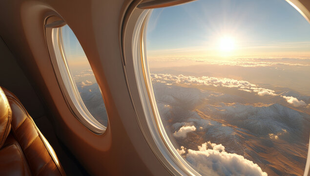 Aerial view of snow-capped mountain range through an airplane window at golden hour