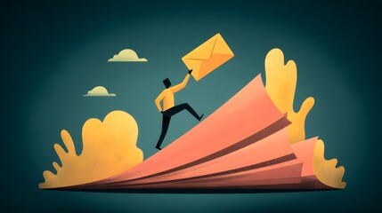 Fototapeta premium Surreal Business Communication Concept with Figure Climbing Paper Wave Holding Envelope Symbolizing Email Success