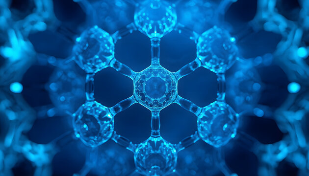 microscopic view of glowing blue molecule structure and bio tech cells in symmetrical pattern