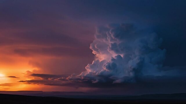 Epic cloudscape scene showcasing a rainbow near an impressive thunderhead formation during a sunset.