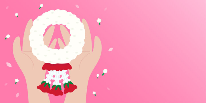 Hand drawn vector illustration of hand holding white jasmine garlands and red roses on Pink background for Mother's Day. Design for Background, Backdrop, Wallpaper, Template, Poster, Banner.